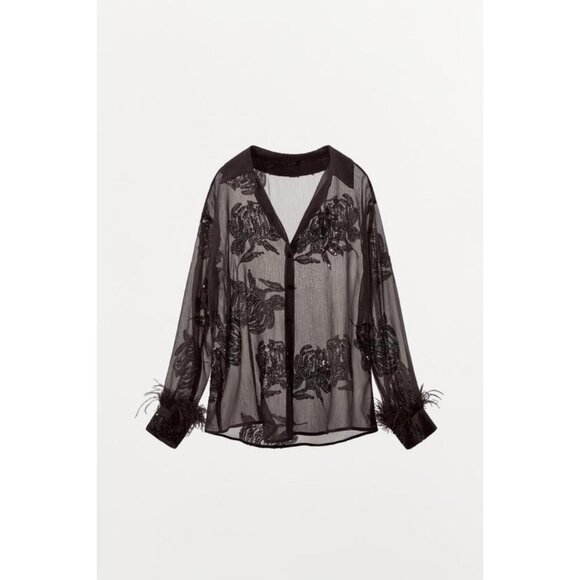ZARA SEMI-SHEER SEQUIN FEATHER BLOUSE - Picture 6 of 8